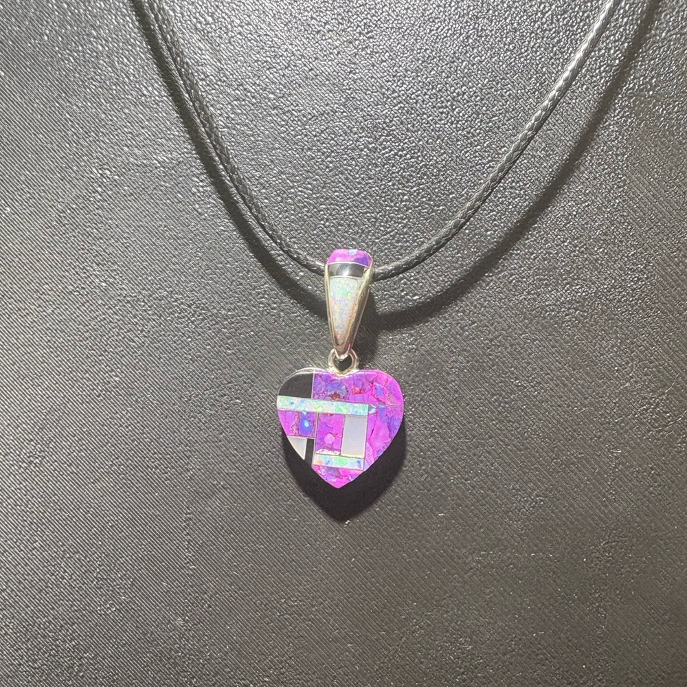 Navajo Reversible Multi Color Stone and White Opal Inlay Heart Pendant